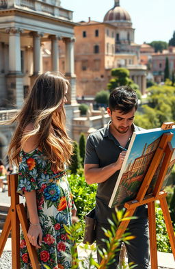 A scene in Rome featuring a woman and a man painting together, surrounded by the beautiful architecture of the city