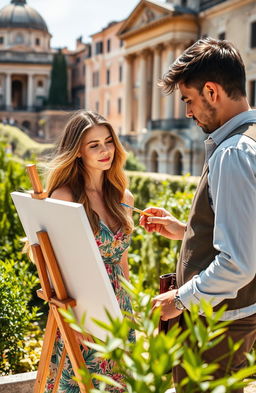 A scene in Rome featuring a woman and a man painting together, surrounded by the beautiful architecture of the city