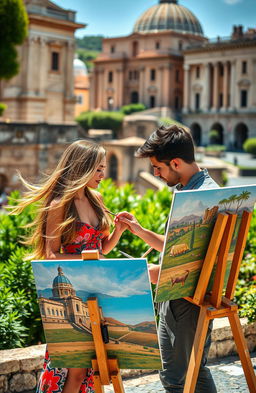 A scene in Rome featuring a woman and a man painting together, surrounded by the beautiful architecture of the city