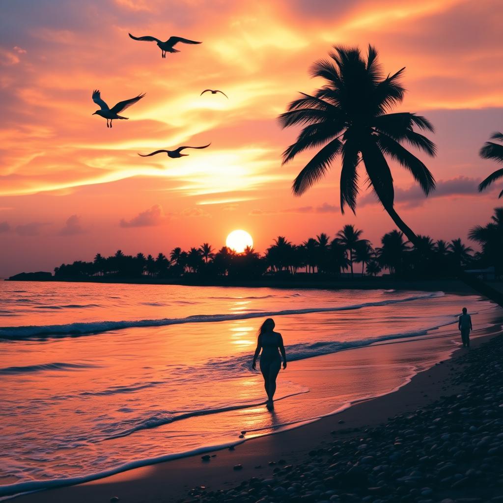 A vibrant sunset over a tranquil beach, with soft waves lapping at the shore