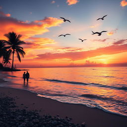 A vibrant sunset over a tranquil beach, with soft waves lapping at the shore