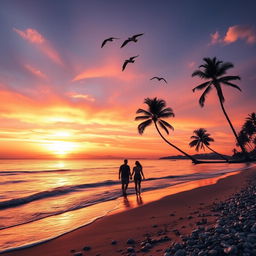 A vibrant sunset over a tranquil beach, with soft waves lapping at the shore