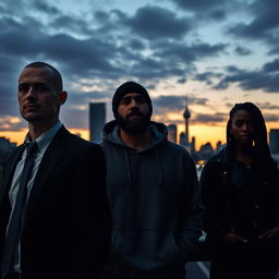 In an atmospheric Montreal cityscape at twilight, the skyline looms in the background, creating a dramatic silhouette against a deepening sky