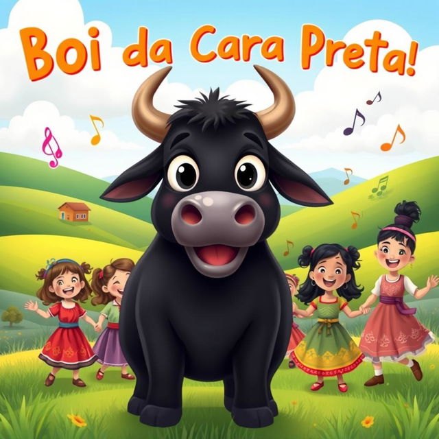 A lively and colorful illustration inspired by the children's song 'Boi da Cara Preta'