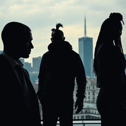 A dynamic business thriller scene set against the skyline of Montreal, featuring silhouettes of three characters