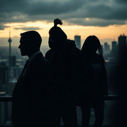 A dynamic business thriller scene set against the skyline of Montreal, featuring silhouettes of three characters