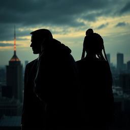 A dynamic business thriller scene set against the skyline of Montreal, featuring silhouettes of three characters