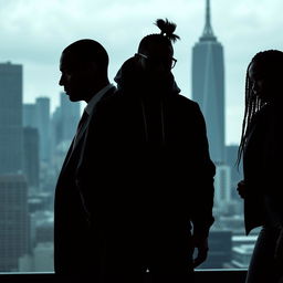 A dynamic business thriller scene set against the skyline of Montreal, featuring silhouettes of three characters