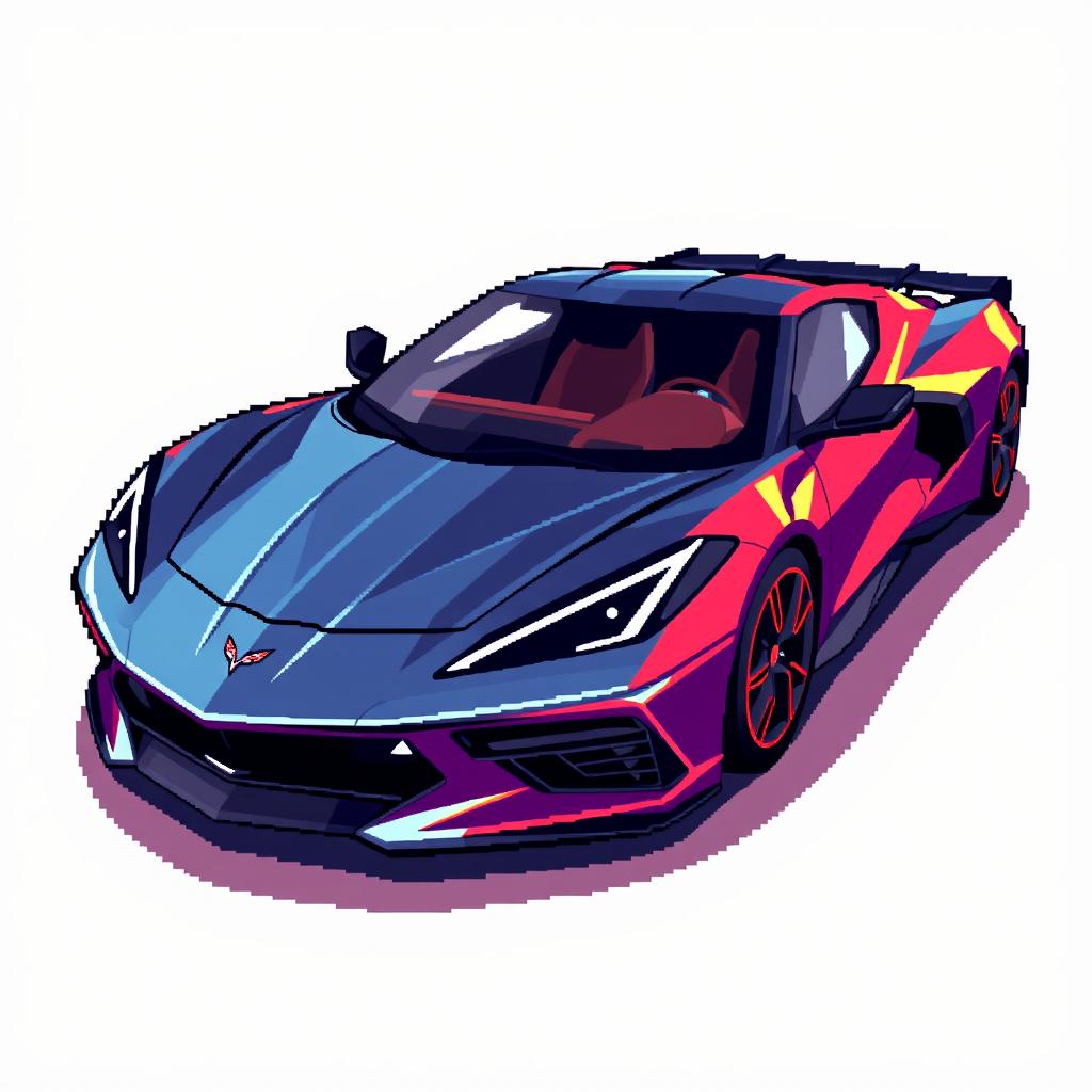 A pixelated illustration of a sleek Corvette C8 sports car, showcasing its iconic design, sharp lines, and modern aesthetics