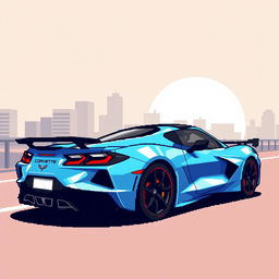 A pixelated illustration of a sleek Corvette C8 sports car, showcasing its iconic design, sharp lines, and modern aesthetics