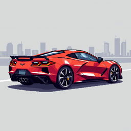 A pixelated illustration of a sleek Corvette C8 sports car, showcasing its iconic design, sharp lines, and modern aesthetics