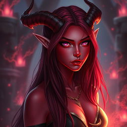 A striking female tiefling character with vibrant red skin, mesmerizing pink eyes, and long, dark red hair cascading down her shoulders