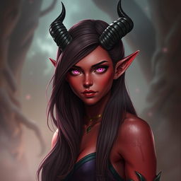 A striking female tiefling character with vibrant red skin, mesmerizing pink eyes, and long, dark red hair cascading down her shoulders