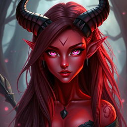 A striking female tiefling character with vibrant red skin, mesmerizing pink eyes, and long, dark red hair cascading down her shoulders