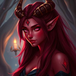 A striking female tiefling character with vibrant red skin, mesmerizing pink eyes, and long, dark red hair cascading down her shoulders