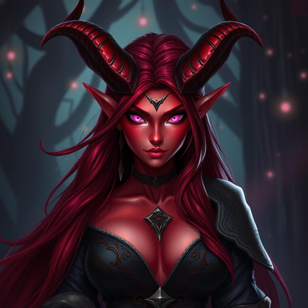 A striking female tiefling with vibrant red skin and captivating pink eyes, complemented by long, flowing dark red hair