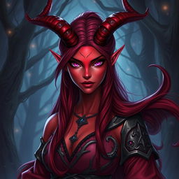 A striking female tiefling with vibrant red skin and captivating pink eyes, complemented by long, flowing dark red hair