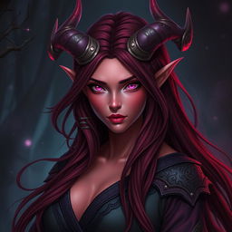 A striking female tiefling with vibrant red skin and captivating pink eyes, complemented by long, flowing dark red hair