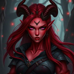 A striking female tiefling with vibrant red skin and captivating pink eyes, complemented by long, flowing dark red hair