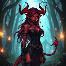 A female tiefling character with stunning red skin, vibrant pink eyes, and flowing dark red hair