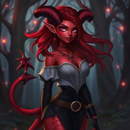 A female tiefling character with stunning red skin, vibrant pink eyes, and flowing dark red hair