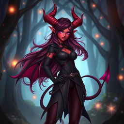 A female tiefling character with stunning red skin, vibrant pink eyes, and flowing dark red hair