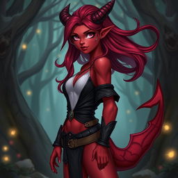 A female tiefling character with stunning red skin, vibrant pink eyes, and flowing dark red hair