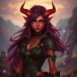 A female tiefling character with stunning red skin, captivating pink eyes, and flowing dark red hair