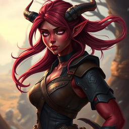 A female tiefling character with stunning red skin, captivating pink eyes, and flowing dark red hair