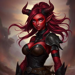 A female tiefling character with stunning red skin, captivating pink eyes, and flowing dark red hair