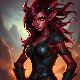 A female tiefling character with stunning red skin, captivating pink eyes, and flowing dark red hair