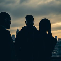 A dramatic business thriller scene set in Montreal, featuring the silhouettes of three individuals against a cityscape background