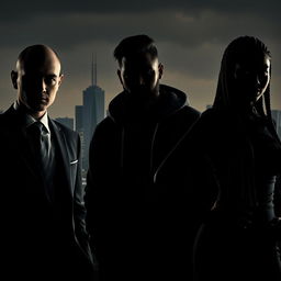 A dramatic business thriller scene set in Montreal, featuring the silhouettes of three individuals against a cityscape background