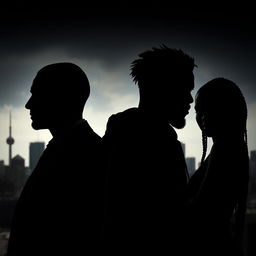 A dramatic business thriller scene set in Montreal, featuring the silhouettes of three individuals against a cityscape background