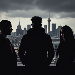 A dramatic business thriller scene set in Montreal, featuring the silhouettes of three individuals against a cityscape background