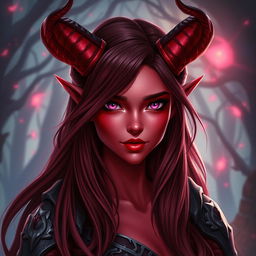 A stunning female tiefling with vibrant red skin and mesmerizing pink eyes