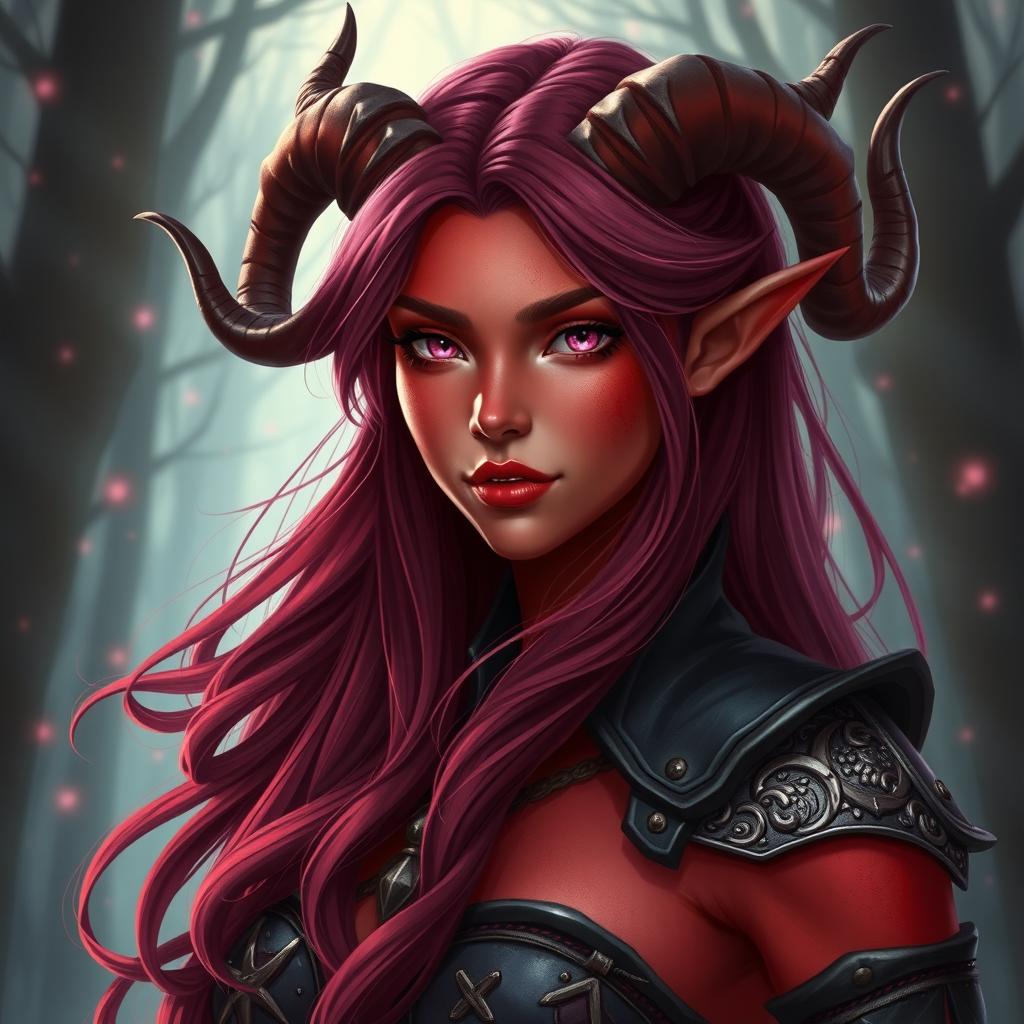 A stunning female tiefling with vibrant red skin and mesmerizing pink eyes