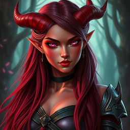 A stunning female tiefling with vibrant red skin and mesmerizing pink eyes