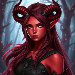 A stunning female tiefling with vibrant red skin and mesmerizing pink eyes