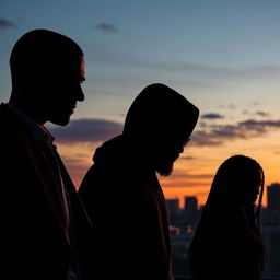 A dynamic and suspenseful business thriller scene set against the iconic Montreal skyline at dusk