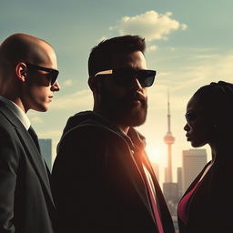 In a dynamic business thriller setting in Montreal, featuring a vibrant city skyline as a backdrop