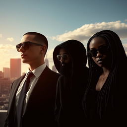 In a dynamic business thriller setting in Montreal, featuring a vibrant city skyline as a backdrop