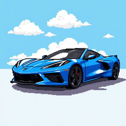 A pixelated illustration of a sleek Corvette C8 sports car painted in a stunning shade of blue, set against a bright blue sky