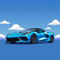 A pixelated illustration of a sleek Corvette C8 sports car painted in a stunning shade of blue, set against a bright blue sky