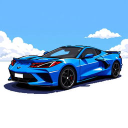 A pixelated illustration of a sleek Corvette C8 sports car painted in a stunning shade of blue, set against a bright blue sky