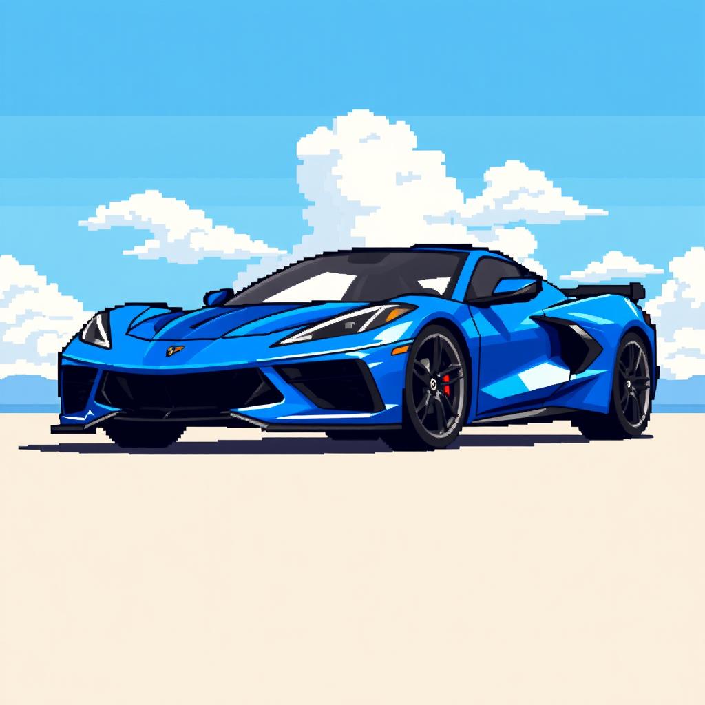 A pixelated illustration of a sleek Corvette C8 sports car painted in a stunning shade of blue, set against a bright blue sky