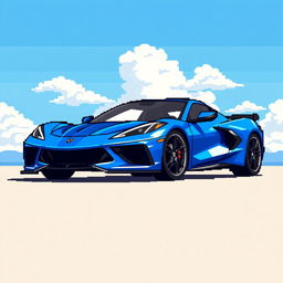 A pixelated illustration of a sleek Corvette C8 sports car painted in a stunning shade of blue, set against a bright blue sky