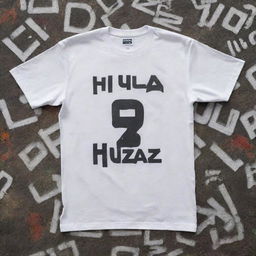 An unclean white t-shirt with the letters 'B H U L A D A Z' loudly plastered on it, surrounded by a variety of distinct, urban street designs that create striking contrast.