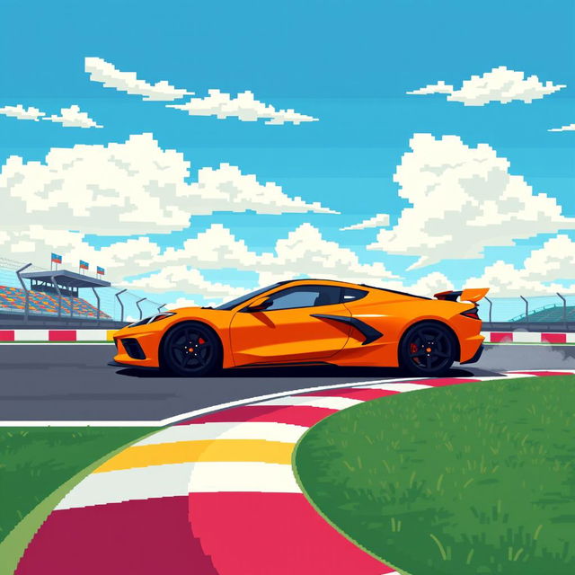 A pixelated illustration of a sleek Corvette C8 sports car, painted in a striking color, racing on a vibrant racetrack