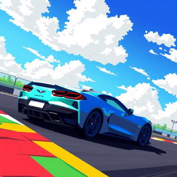 A pixelated illustration of a sleek Corvette C8 sports car, painted in a striking color, racing on a vibrant racetrack